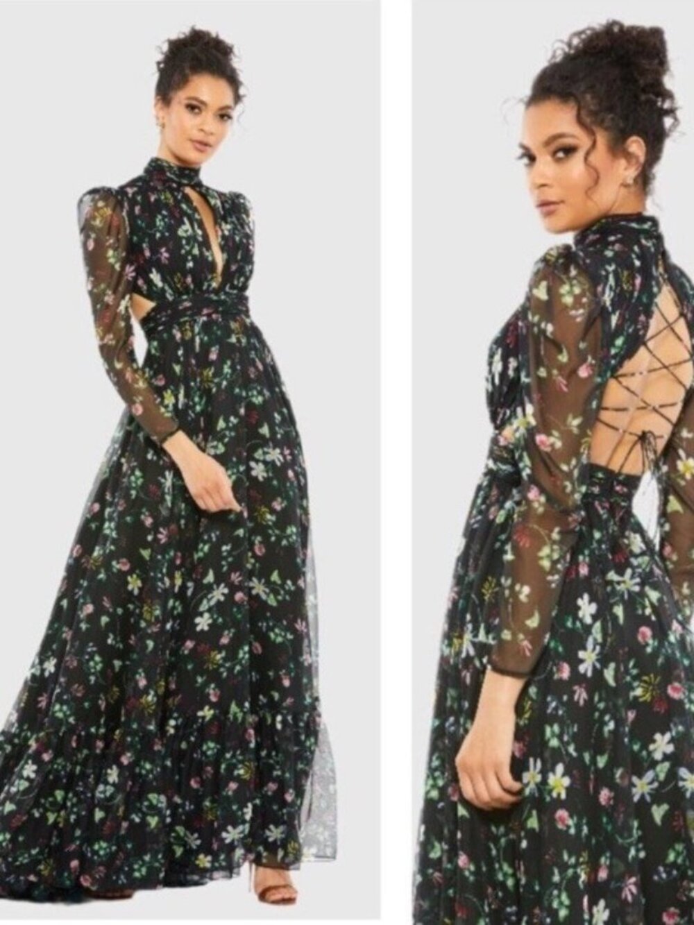 Mac Duggal Size 0 Black Floral High Neck Puff Sleeve Lace Up Back Gown Dress NWT